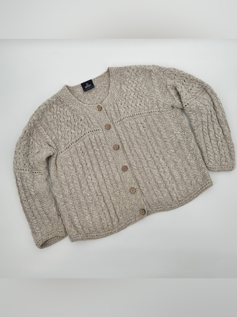 Aran Woollen Mills Irish Linen Wool Blend Cable Knit Cardigan Sweater Oatmeal - Picture 7 of 10